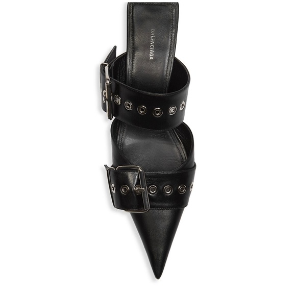 NEW Balenciaga Silver Metal Buckle Black Leather Knife Point Toe Mule 565428 - Picture 7 of 8